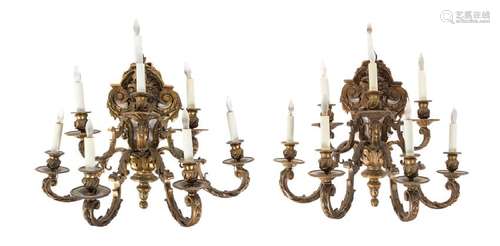 *A Pair of Neoclassical Gilt Bronze Eight-Light Sconces