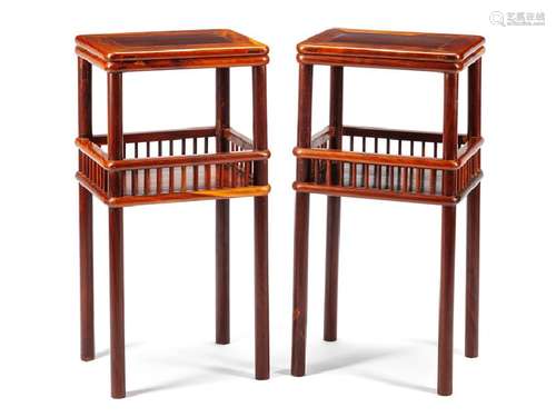 A Pair of Chinese Hardwood Two-Tier Tables Height 32 x