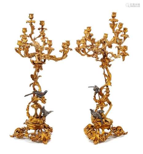 A Pair of Louis XV Style Gilt and Patinated Bronze