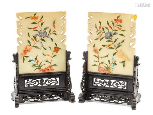 A Pair of Chinese Hardstone Mounted Table Screens