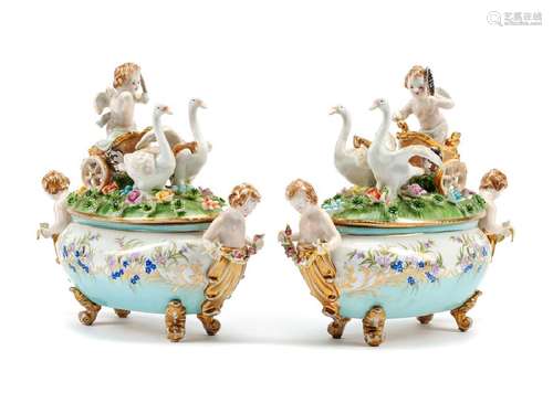 A Pair of German Porcelain Figural Tureens Height 10 x