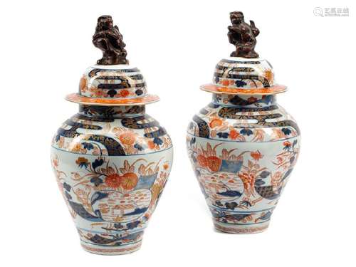 A Pair of Japanese Imari Porcelain Covered Jars Meiji