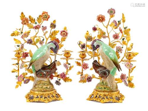 A Pair of French Gilt Bronze and Porcelain Two-Light