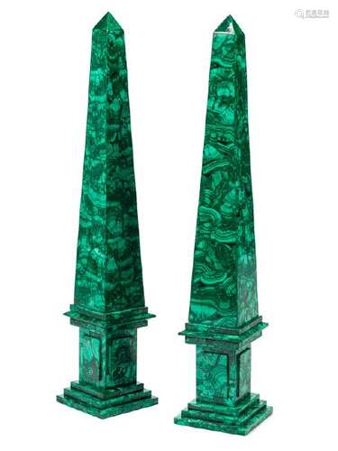 A Pair of Large Russian Malachite Obelisks Height 31 x