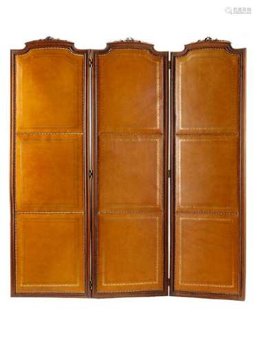 An English Mahogany and Tooled Leather Three-Panel