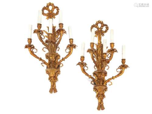 A Pair of Louis XV Style Gilt Bronze Five-Light Sconces