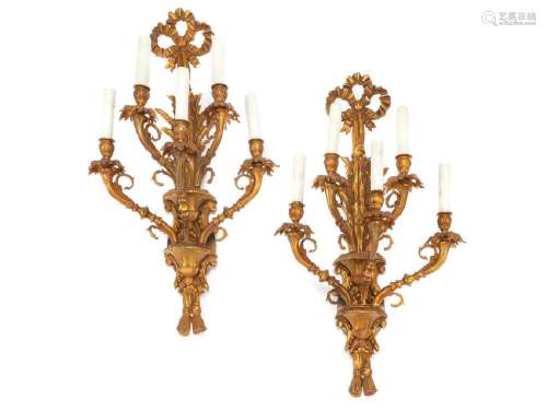 A Pair of Louis XV Style Gilt Bronze Five-Light Sconces