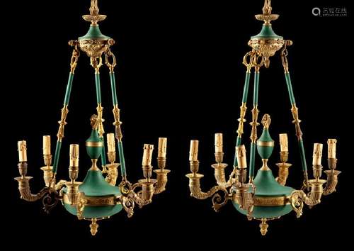 A Pair of Empire Style Six-Light Chandeliers Height 34