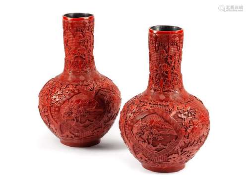 A Pair of Chinese Cinnabar Vases Height 24 1/2 x