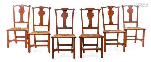 *A Set of Six Primitive Rush Seat Chairs  Late