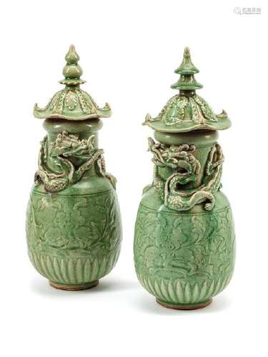 A Pair of Chinese Celadon Porcelain Jars each cover in