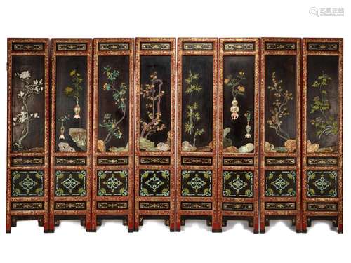 A Chinese Hardstone Inset Eight-Panel Screen Height 87