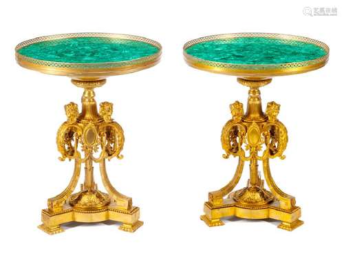 A Pair of French Neoclassical Gilt Bronze and Malachite