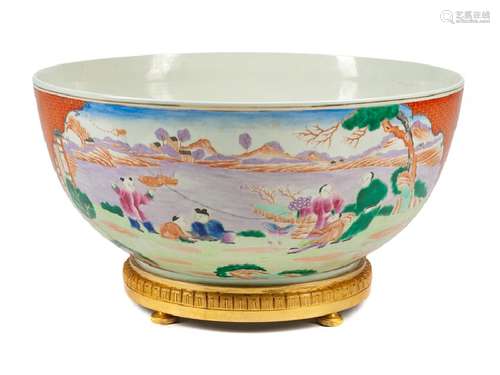 A Large Chinese Porcelain Bowl  raised on a gilt bronze