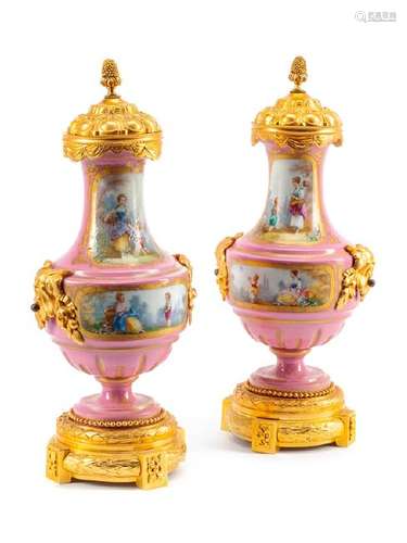 A Pair of Sèvres Style Gilt Bronze Mounted Porcelain