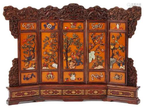 A Chinese Carved and Hardstone Inlaid Table Screen