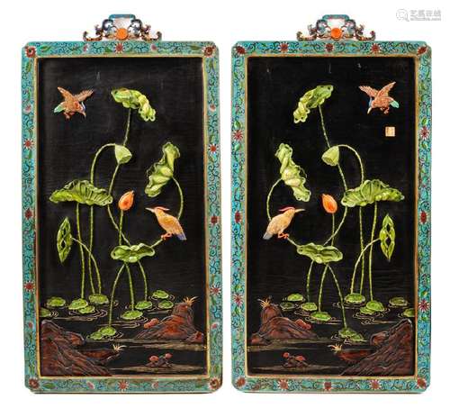 A Pair of Framed Chinese Cloisonné Panels Height 28 x