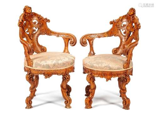 A Pair of Venetian Carved Armchairs 19th Century Height