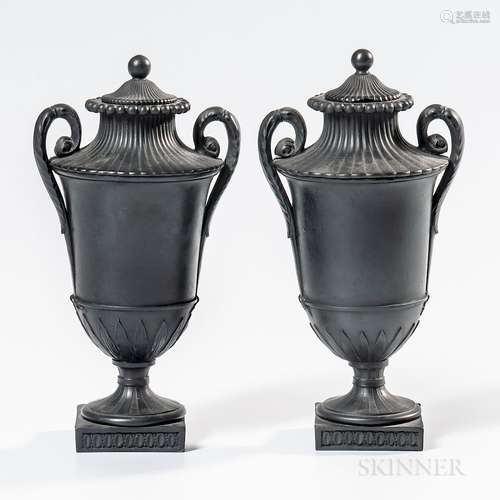 Pair of Wedgwood Black Basalt Vases and Covers