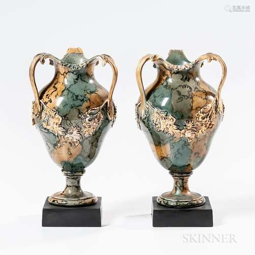 Pair of Wedgwood & Bentley Variegated Three-handled Vases