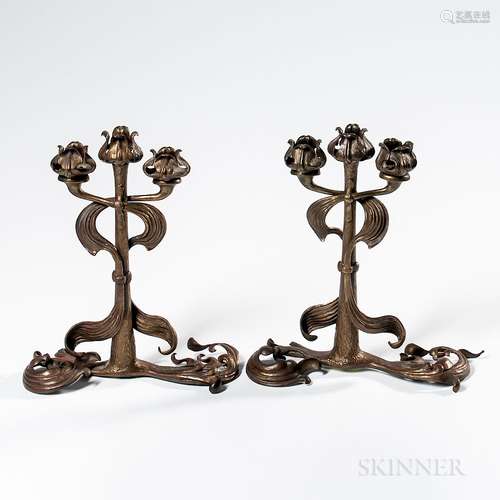 Pair of Art Nouveau-style Bronze Three-light Candelabra