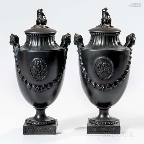 Pair of Wedgwood & Bentley Black Basalt Vases and Covers