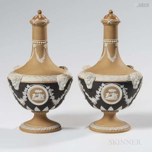 Pair of Wedgwood Tricolor Jasper Dip Barber Bottles and Covers