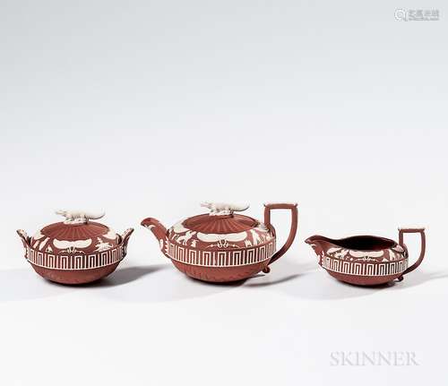 Three-piece Wedgwood Rosso Antico Egyptian Tea Set