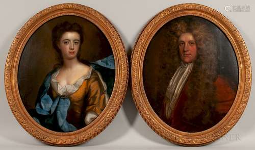 School of Sir Peter Lely (British, 1618-1680)  Pair of Oval Pendant Portraits