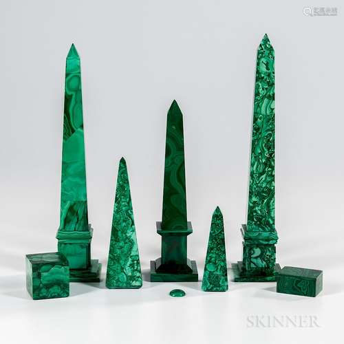 Seven Malachite and Malachite-veneered Decorative Objects