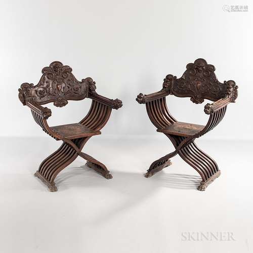 Pair of Walnut Savonarola Chairs