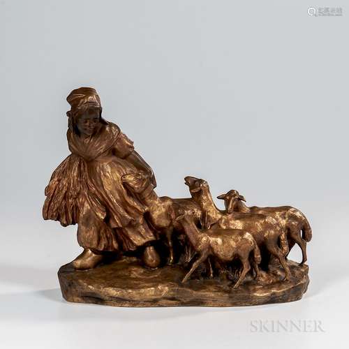 Joseph D'Aste (Italian, 1881-1945)    Gilt-bronze Shepherdess with Flock of Spring Lambs