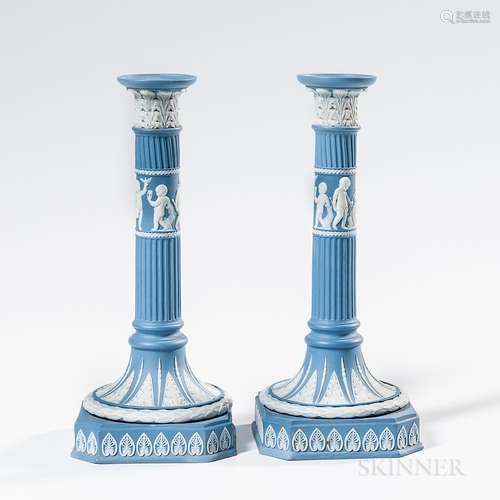 Pair of Wedgwood Solid Blue Jasper Candlesticks