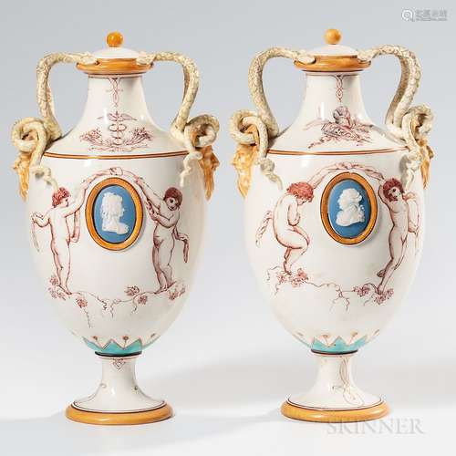 Pair of Wedgwood Emile Lessore Decorated Queen's Ware Vases and Covers