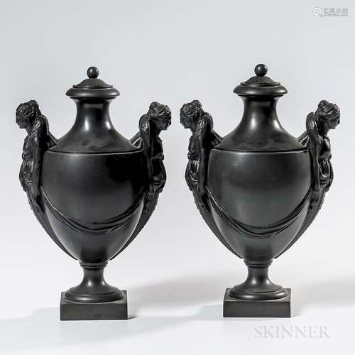 Pair of Wedgwood & Bentley Black Basalt Vases and Covers