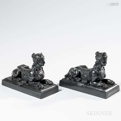 Pair of Wedgwood & Bentley Black Basalt Grecian Sphinxes