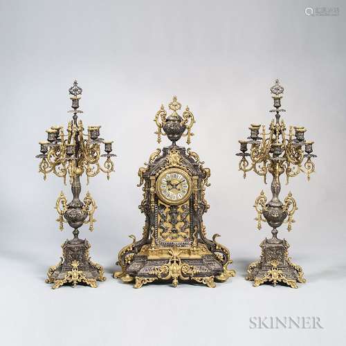 Three-piece Bronze and Silver-plate Clock Garniture