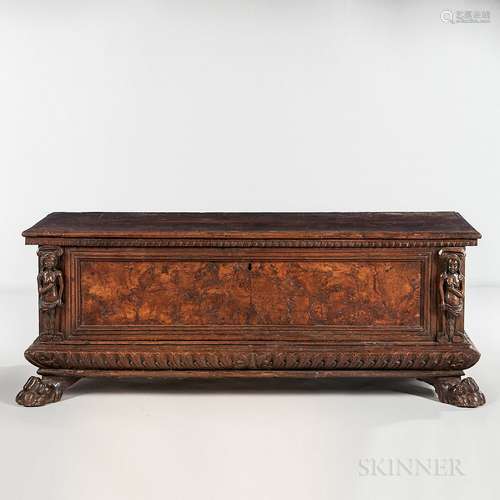 Renaissance Revival Carved Walnut and Burlwood-veneer Cassone