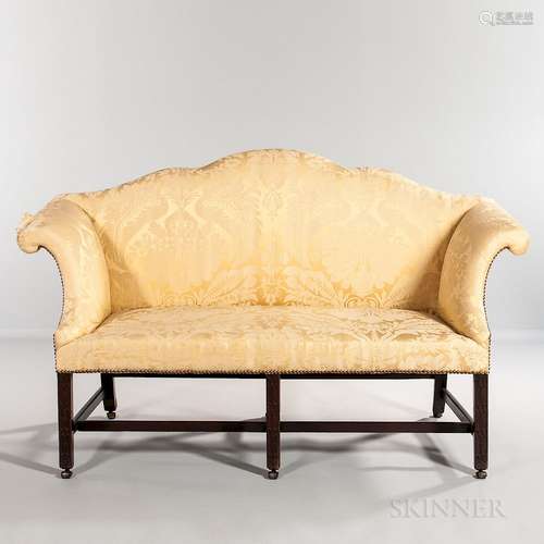 Georgian-style Damask-upholstered Camel-back Settee