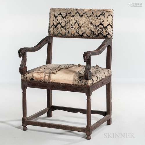 Louis XIII Walnut Upholstered Open Armchair