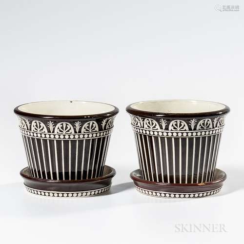 Pair of Wedgwood Brown Slip-decorated White Terra-cotta Cache Pots with Underdishes