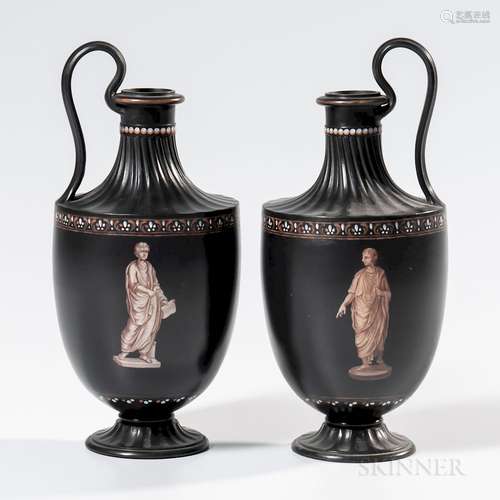 Pair of Wedgwood Encaustic Decorated Black Basalt Ewers