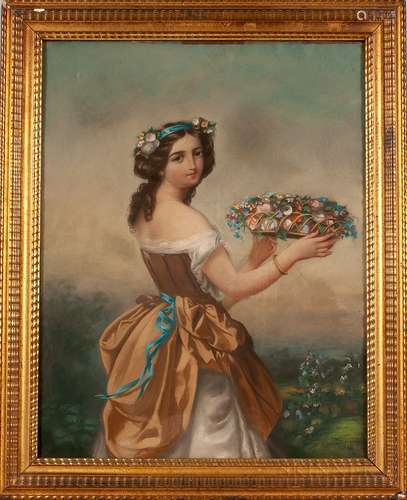 George G. Fish (American, act. 1849-1880)  Young Maiden Lifting a Basket of Flowers