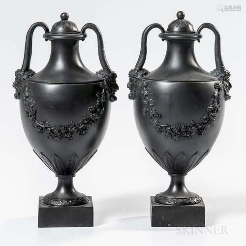 Pair of Wedgwood & Bentley Black Basalt Vases and Covers