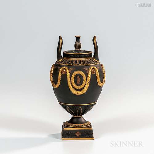 Wedgwood Gilded and Bronzed Black Basalt Vase and Cover