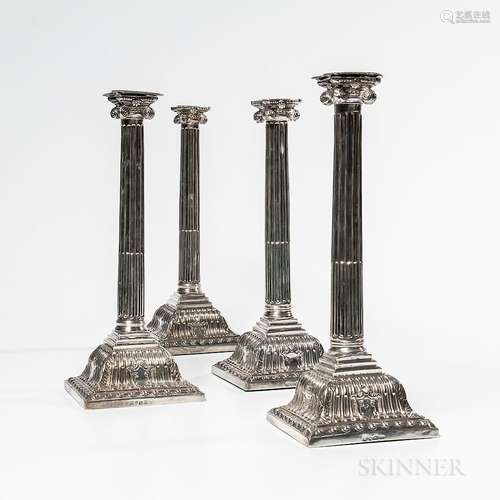 Two Pairs of George III Sterling Silver Candlesticks