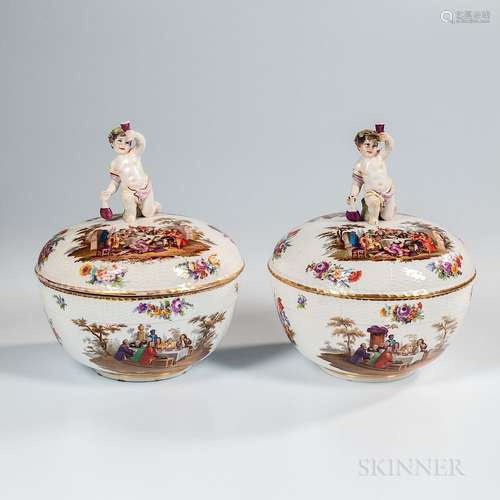 Pair of KPM Berlin Porcelain Covered Punch Bowls