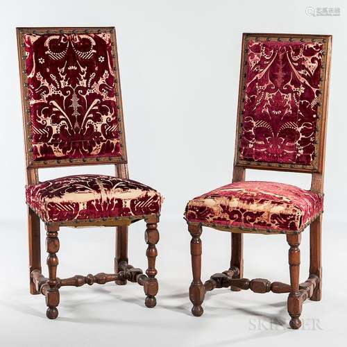 Near Pair of Louis XIV Walnut Upholstered Side Chairs