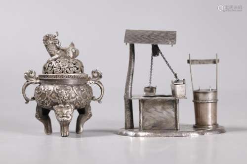 2 Chinese Silver Miniatures, Incense Burner & Well