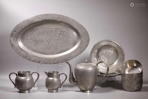 12 Piece Chinese Peking Pewter Tea Set